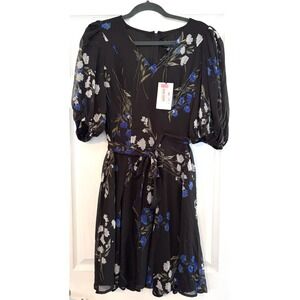 New DKNY dress sz 6 Black Shear Fit and Flare Blue white floral Fairy Grunge